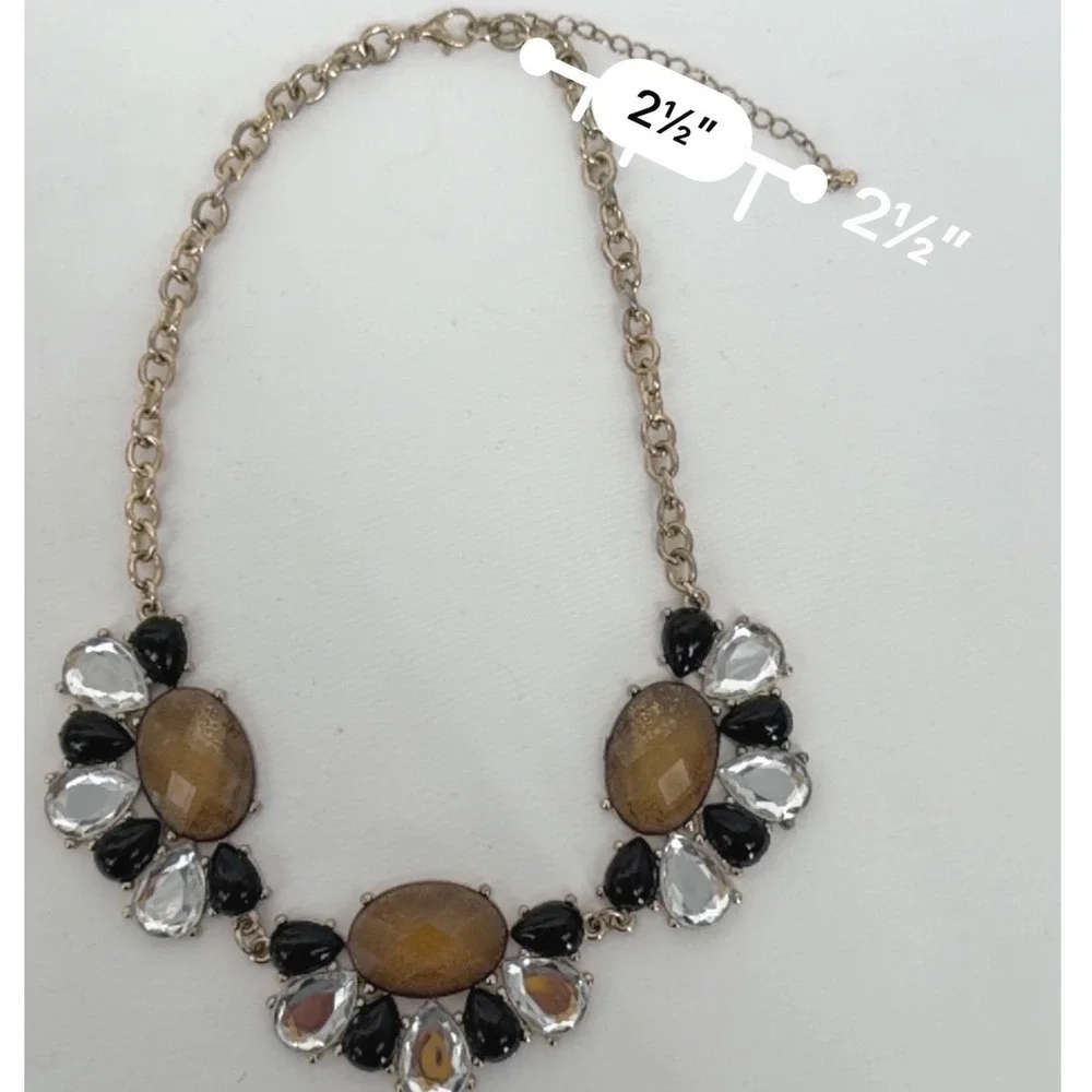 Gold Tone Statement Chunky Bib Necklace‎ Amber Black Clear Faceted Stones 103-08